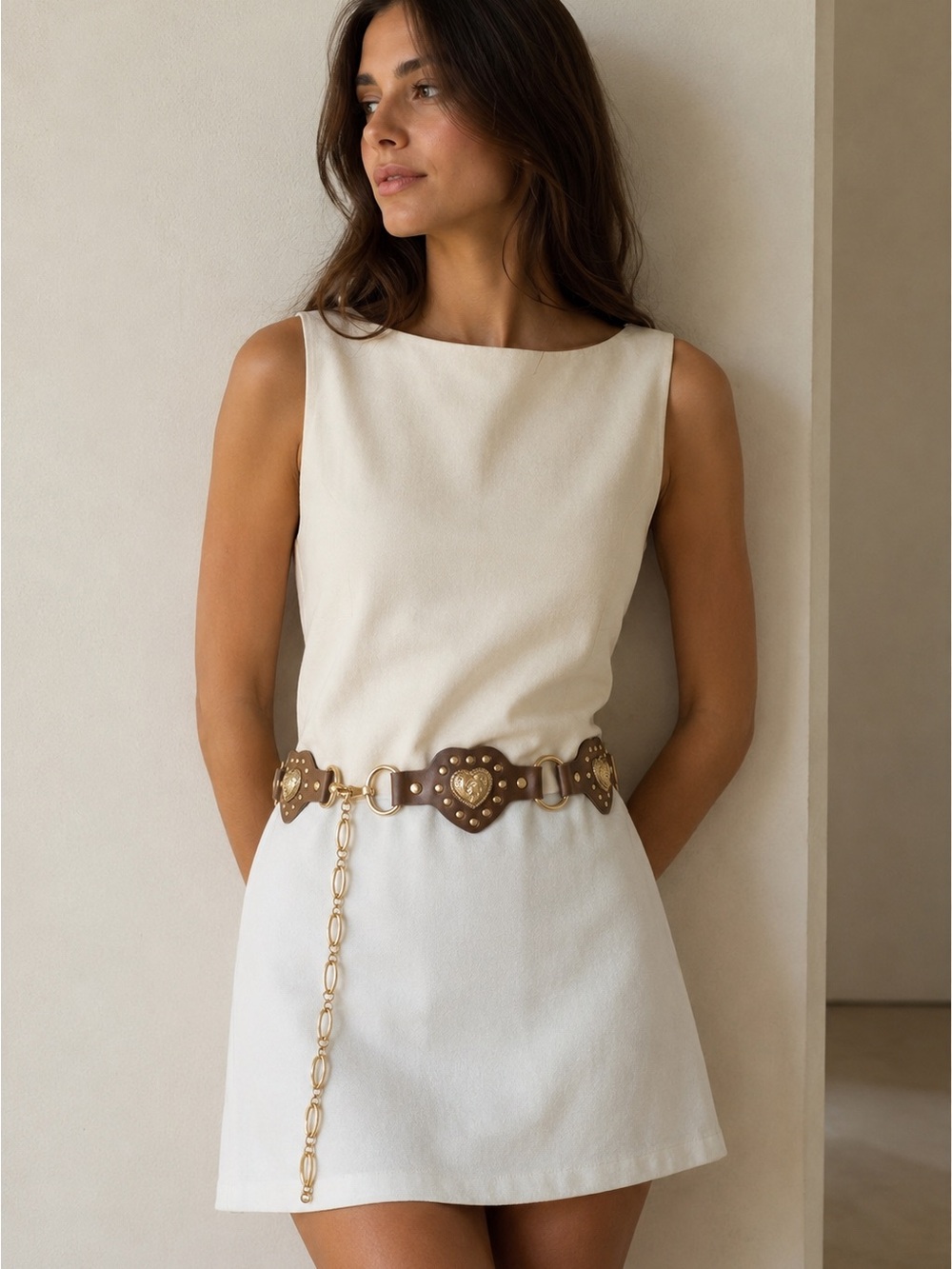 Studded Heart Link Waist Belt - Brown and Gold